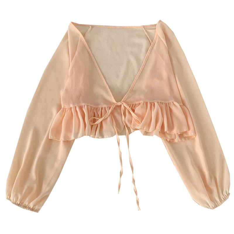 

2021 Summer New Style V-neck Ruffled Hem Lace Chiffon Shirt Cardigan Small Coat Thin Sun Protection Shirt Women