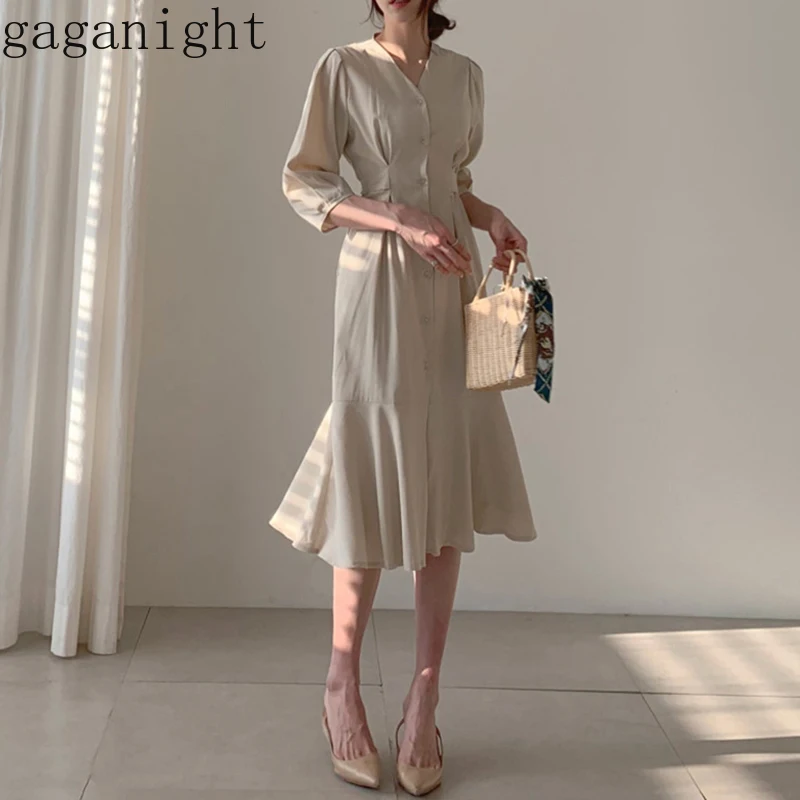 Женское однобортное облегающее платье Gaganight однотонное с длинным рукавом и