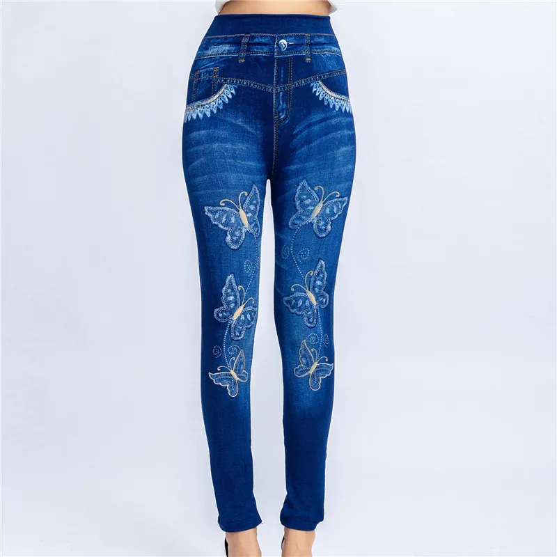 

2022 Women High Waist Fake Jeans Leggings Butterfly Print Ankle Length Pants Super Stretch Skinny Imitation Jeans Leggings