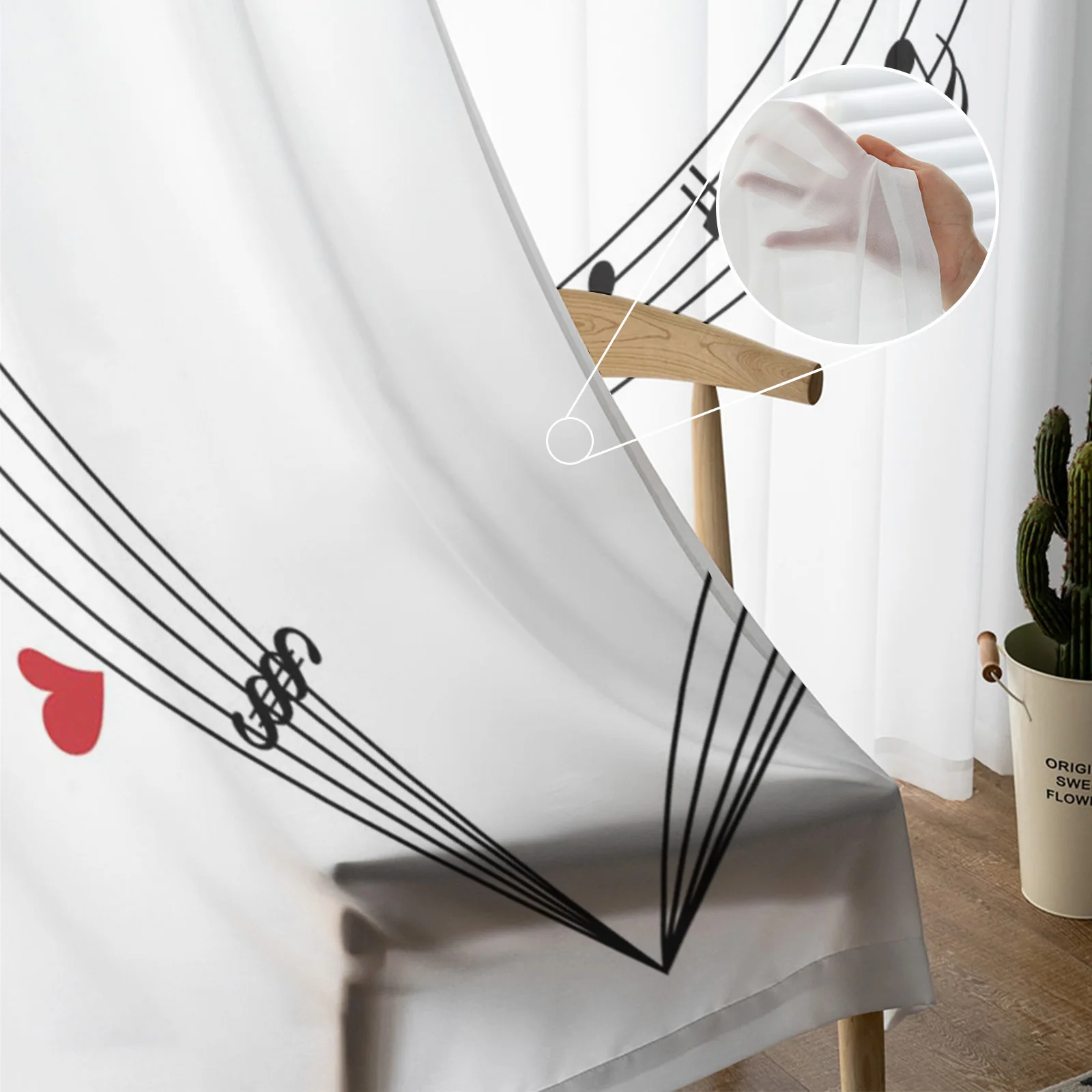 Шторы из вуали с музыкальным символом и красным сердцем занавески для гостиной