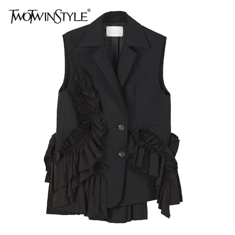 

Женский жилет TWOTWINSTYLE, черный, асимметричный, с оборками, без рукавов, в Корейском стиле, новинка 2021