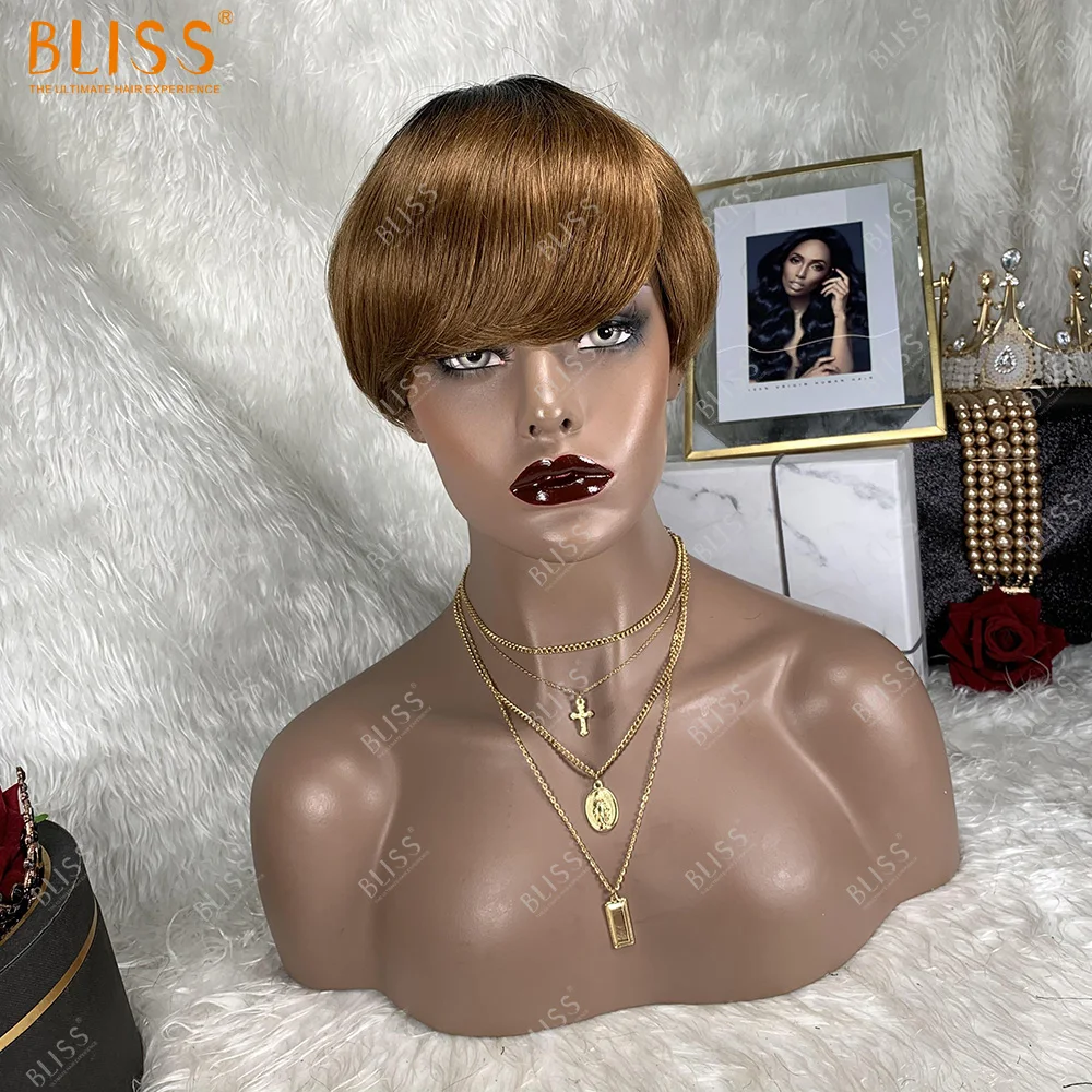 

Bliss Hair Short Pixie Non Lace Human Hair Wigs Machine Made Human Hair Colored Short Wigs with Bangs for Women