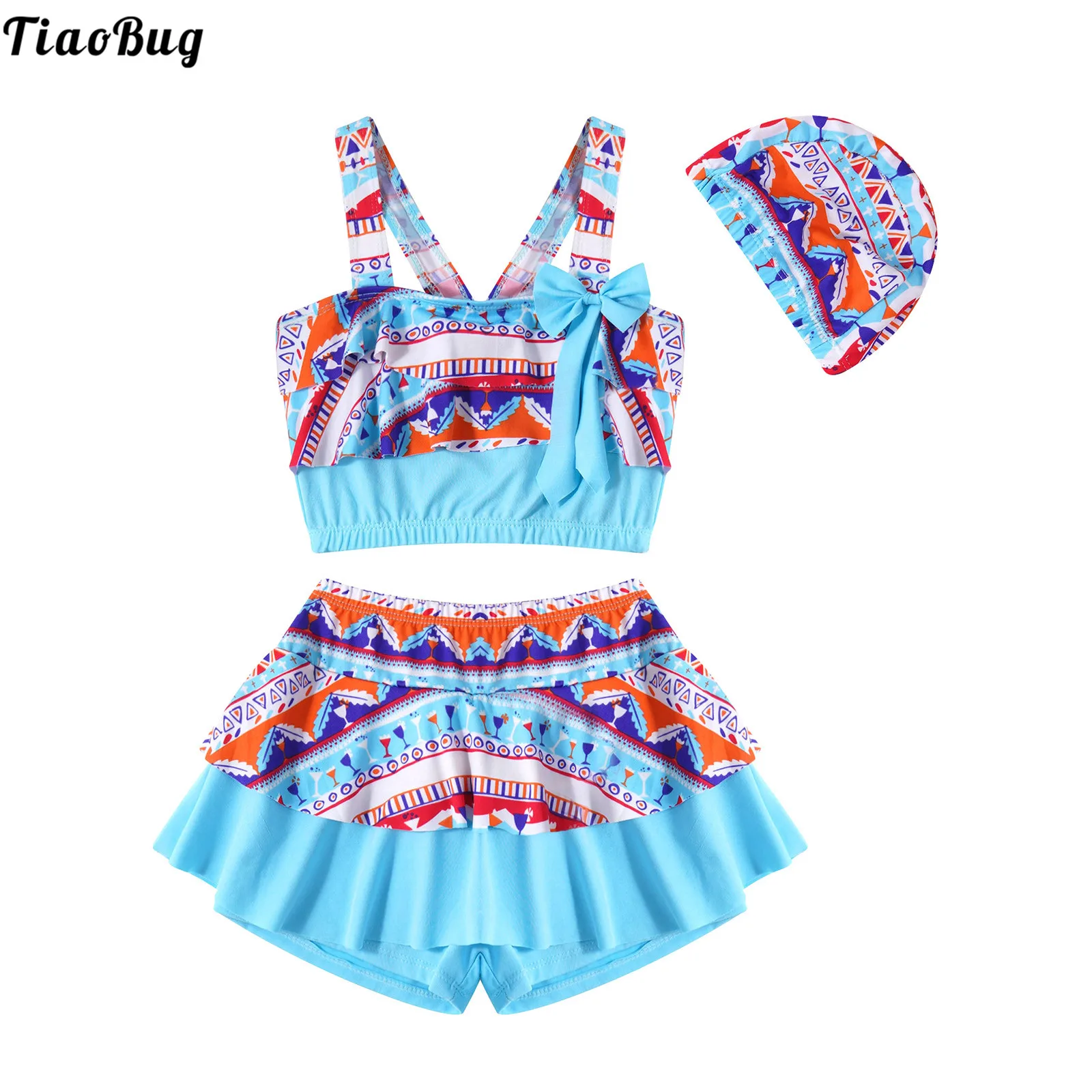 

Летние детские топы TiaoBug для девочек с рисунком в стиле бохо, украшенные оборками и бантом, укороченные топы с юбкой и шляпой, бикини, 3 шт.