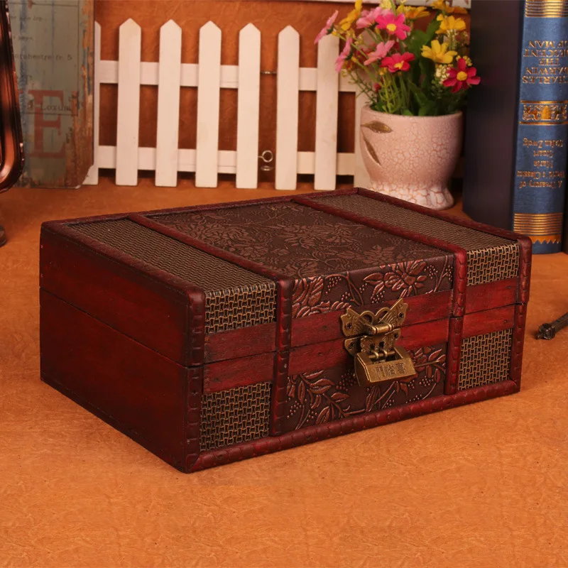 Vintage Lock Decorative Trinket Chest Jewelry Storage Box Handmade Classic Wooden Treasure Case Organizer |