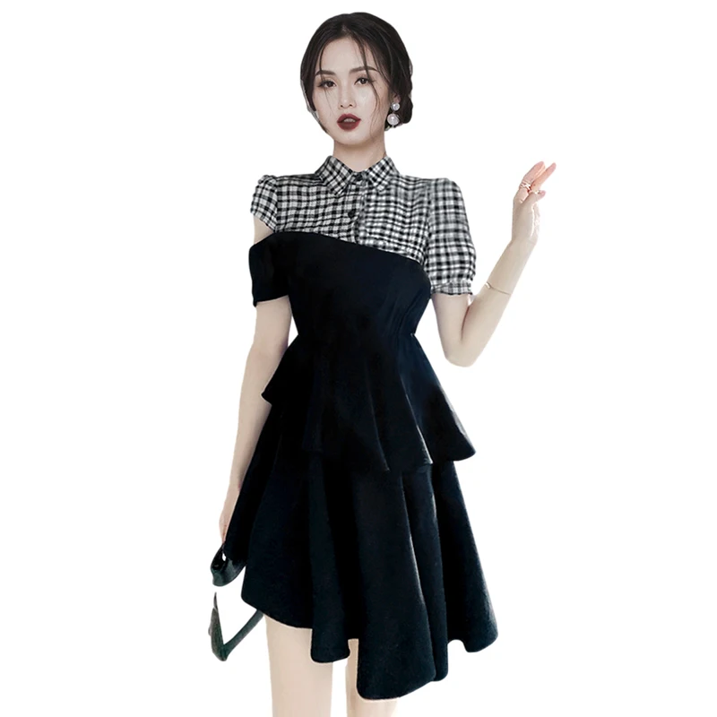 

Temperament light luxury celebrity professional OL shirt skirt 2021 summer new short-sleeved stitching strapless dress