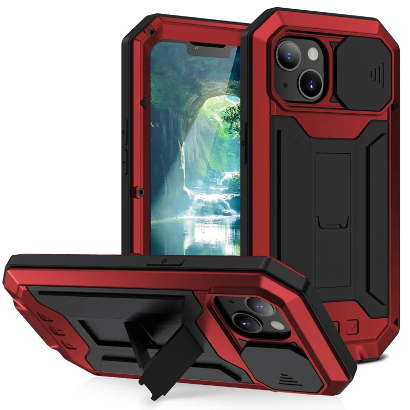 

Rugged Armor Slide Camera Lens Case for iPhone 13 Pro Max Mini Metal Aluminum Military Grade Bumpers Built-in Kickstand Cover