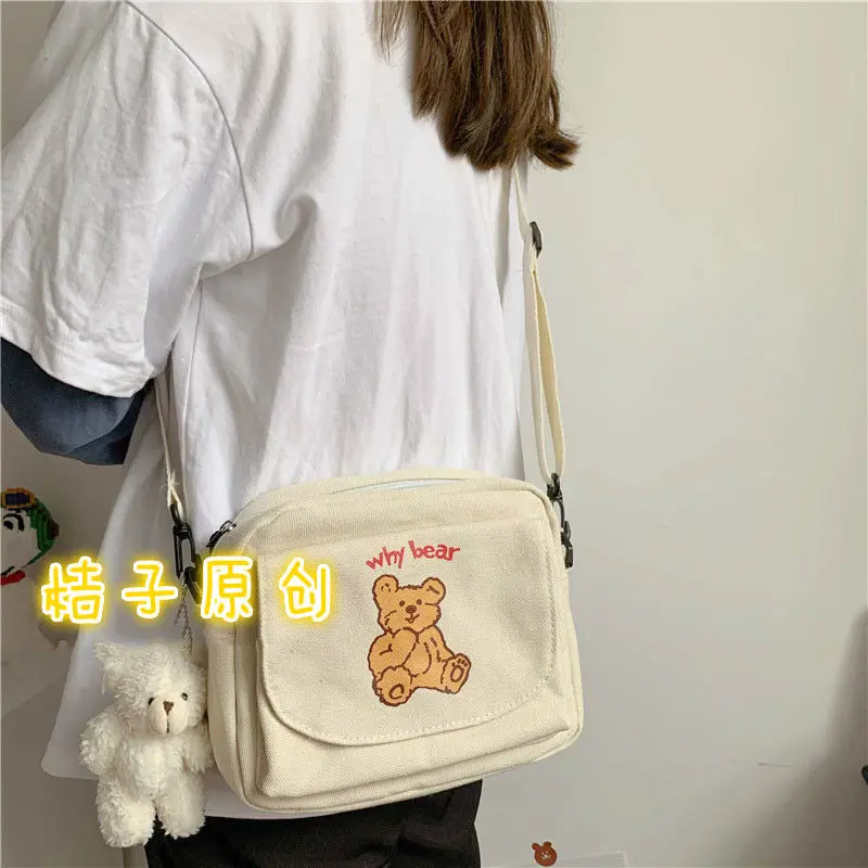

Luxury Canvas Shoulder Bag Korean Zipper Women Messenger Bags Designer Women Bear Bag Female Simple Handbag Cute Printing Tote