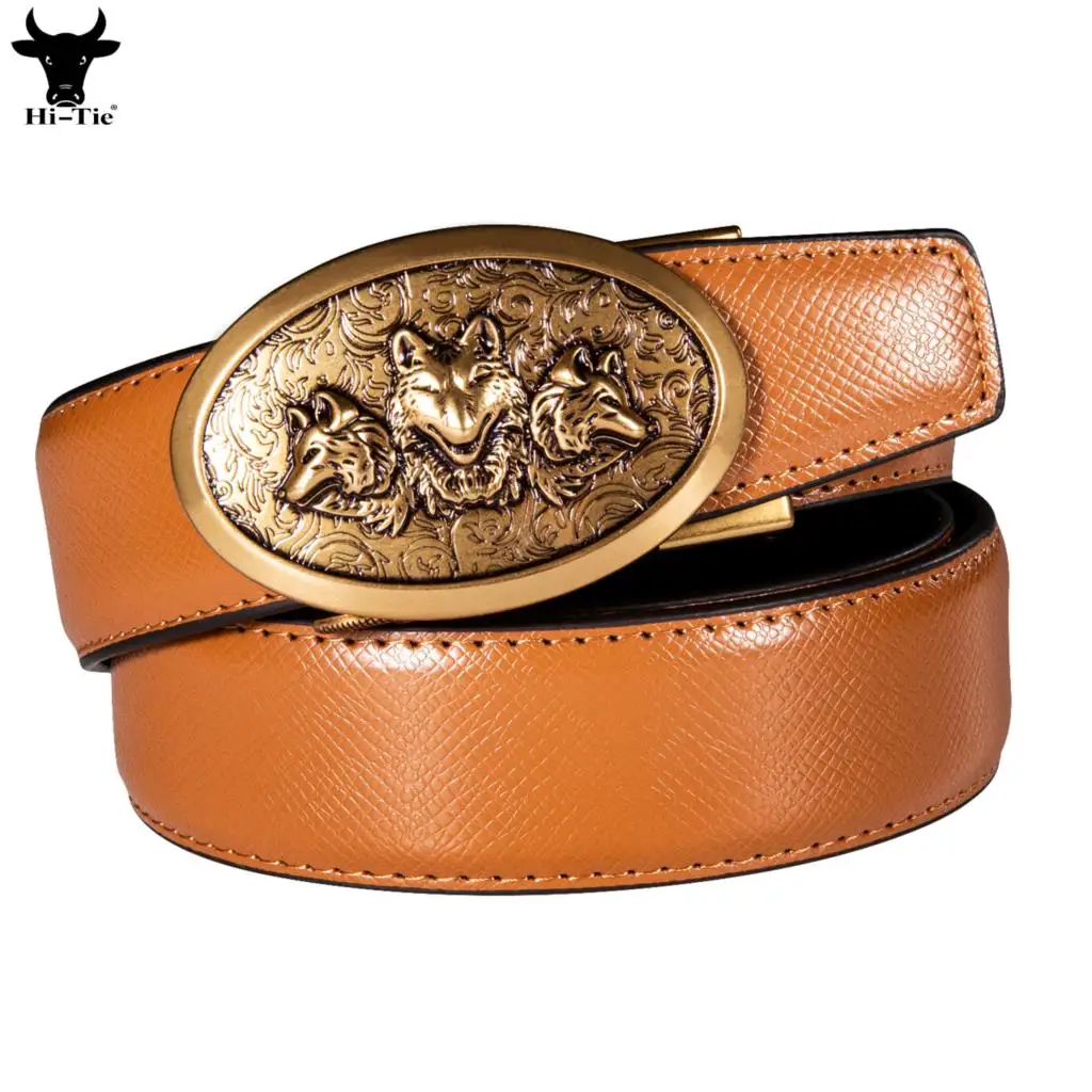 Hi-Tie Luxury Orange Genuine Leather Mens Belts Vintage Gold Woves Automatic Buckles Ratchet Waist Belt for Men Dress Jeans Gift