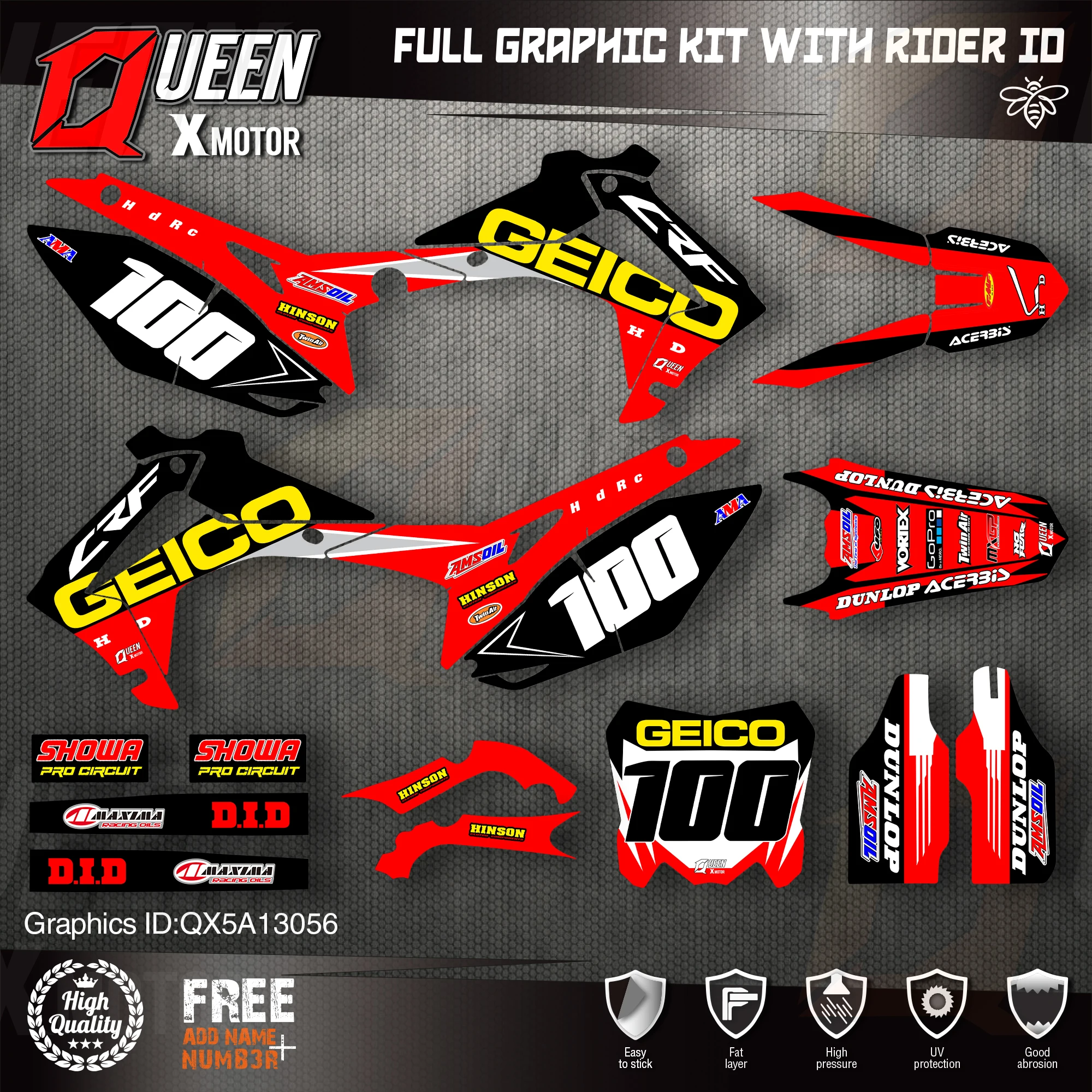 

QUEEN X MOTOR Custom Team Graphics Backgrounds Decals Stickers Kit For HONDA 2014-2017 CRF250R 2013-2016 CRF450R 056