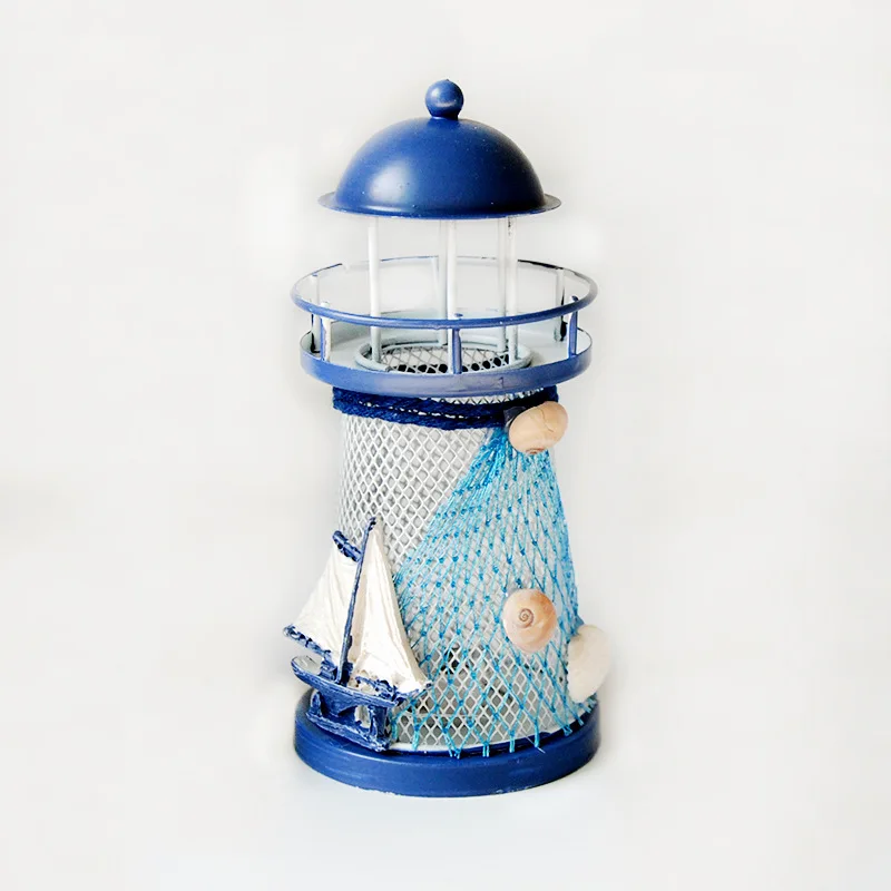 

Handmade Candle Holders Mediterranean Lighthouse Candlestick Blue White Home Table Decor Wrought Iron LED Candle Holder LA854