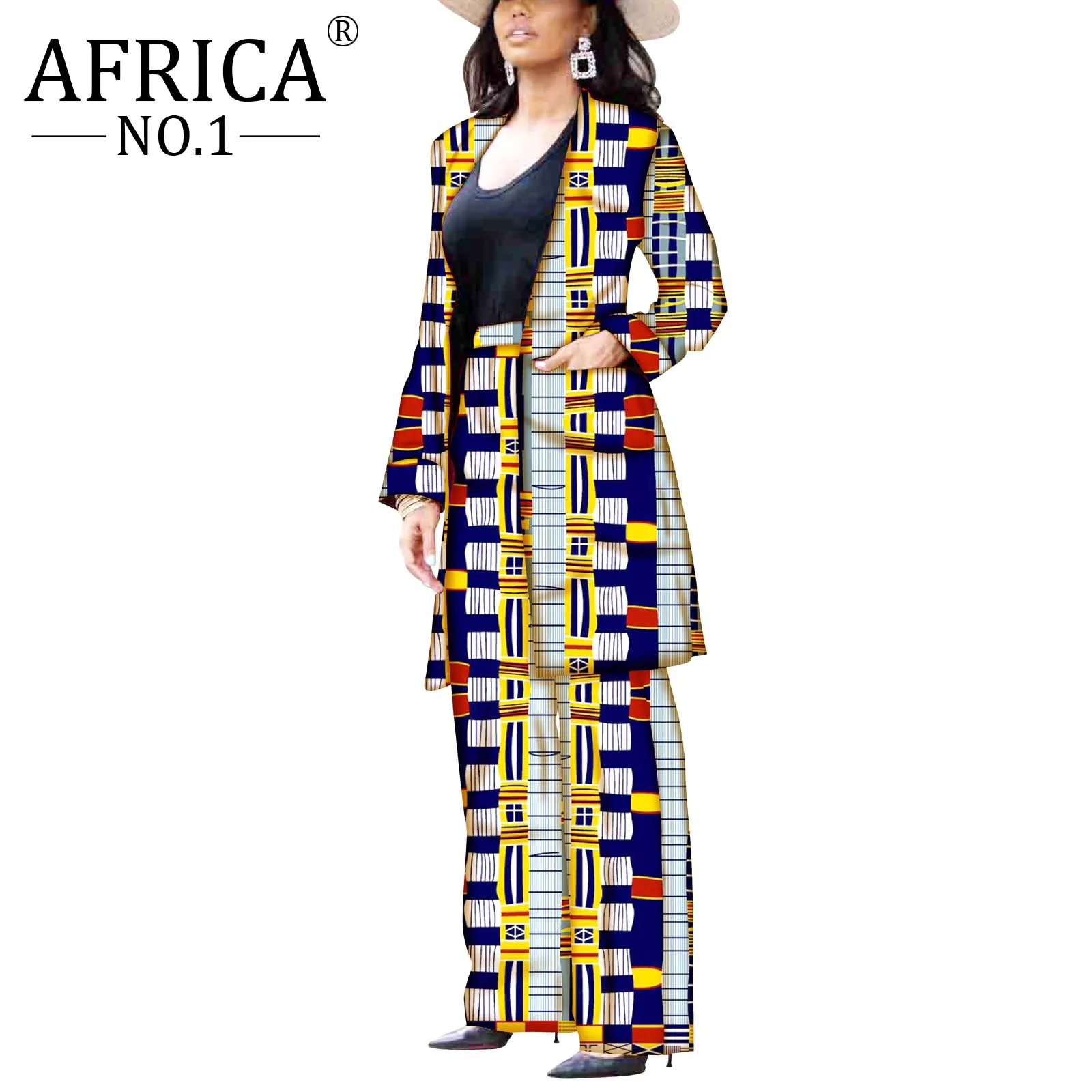African Winter Suit for Women Long sleeves Coats and Pants 2 pieces Outfits Jacket Femme Robe Clothes Cotton Wax Print V2026004