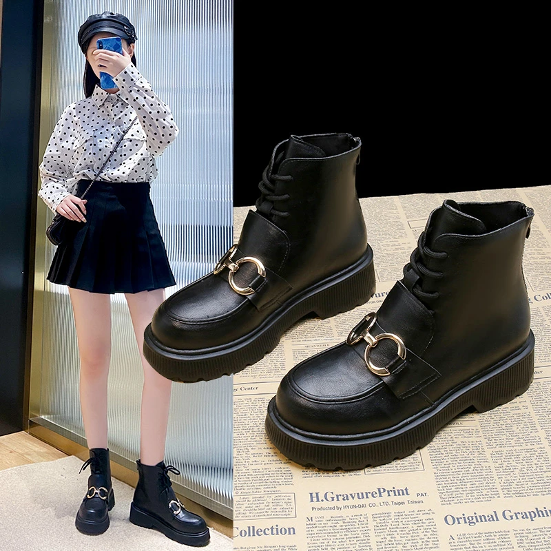 

2021 new British style rear zipper retro round toe short boots