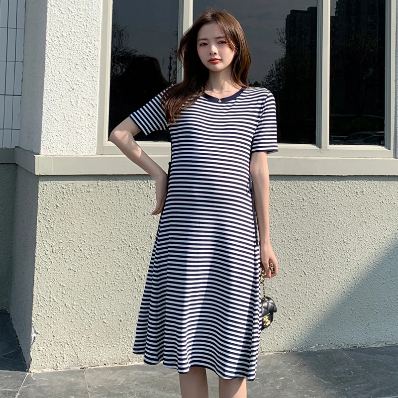 

1108# Summer Korean Fashion Striped Maternity Dress Sweet Elegant A Line Slim Clothes for Pregnant Women Bandage Pregnancy