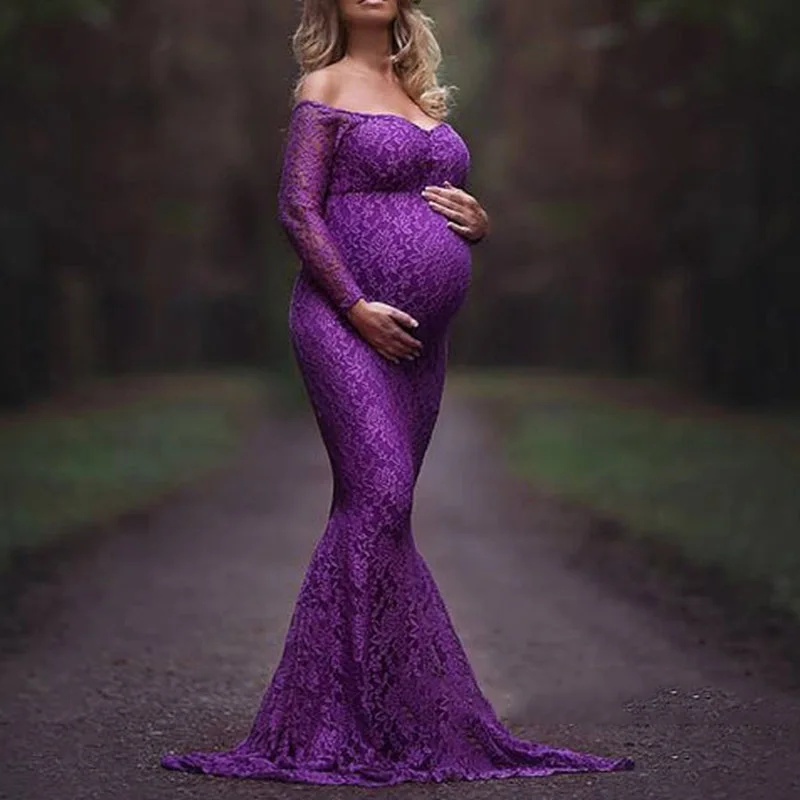 

Clothes For Pregnant Women Maternity Lace Off Shoulder V Neck Long Dress Gown For Pregnant Fancy Shooting Photo Session Props
