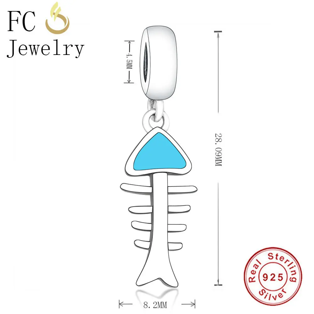 FC Jewelry Fit Original Brand Charm Bracelet 925 Sterling Silver Blue Enamel Fish Bone Cat Food Bead Making Berloque 2019 DIY | Украшения и
