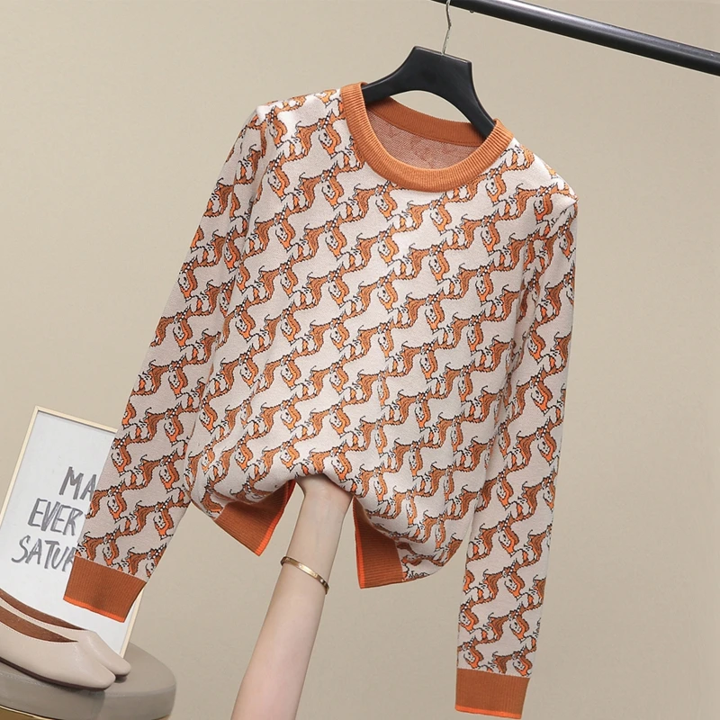 

Женский трикотажный свитер с мультяшным принтом, элегантный пуловер составного кроя с круглым вырезом в винтажном стиле, Осень-зима 2021