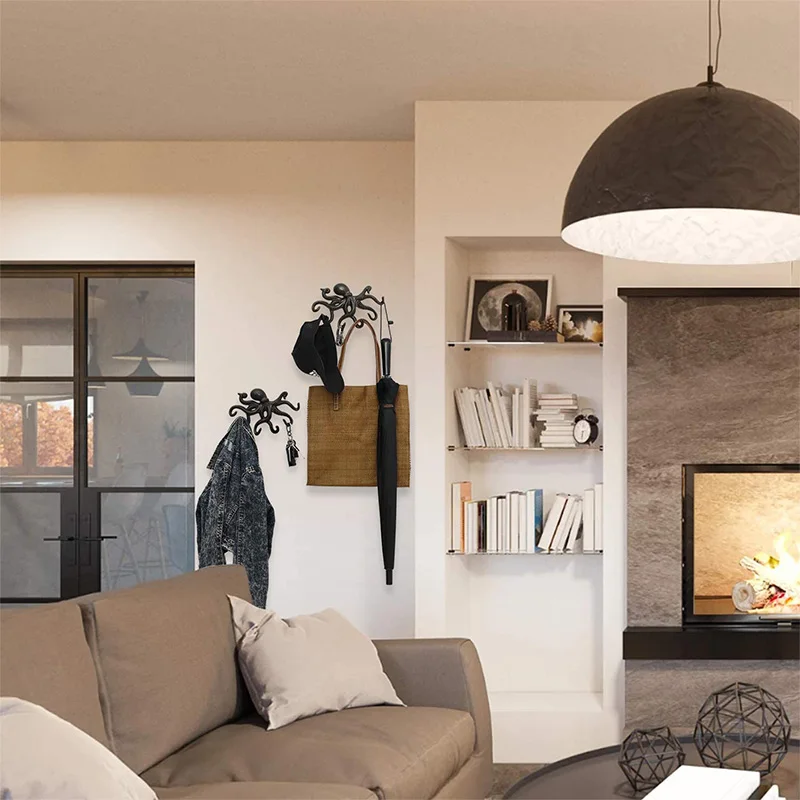 

Hook/Coat Hooks Rustic Decorative Wall Mounted, Cast Iron Key Holder Wall Decor with 8 Tentacles, Set of 2 Brown