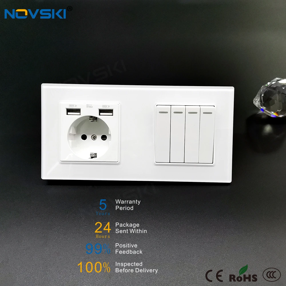 NOVSKI русские Хрустальные стеклянные розетки USB 2.1A 4 банды выключатель питания 16A EU