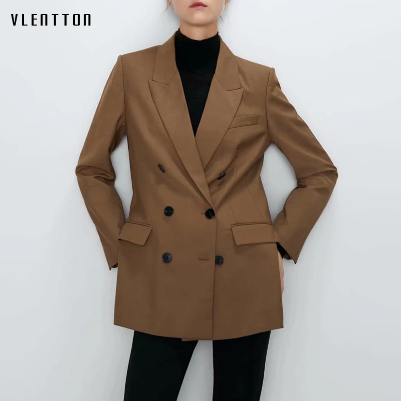 Женский Винтажный Длинный блейзер элегантный двубортный пиджак для офиса