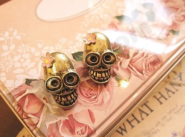 Женские серьги гвоздики с розовым цветком и черепом в стиле ретро европейский