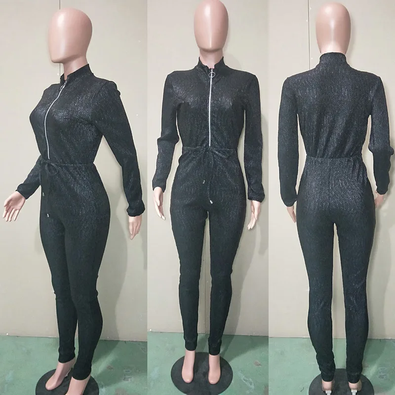 

Plus Size Long Sleeve Sequin Jumpsuit Women High Waist Zipper Front Skinny Long Pants Romper Club Party Sparkly Bodycon Jumpsuit
