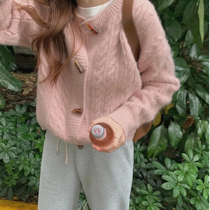 

Japanese Style Cowl Buckle Short Knitted Sweater Female Spring Autumn New Outerwear Solid Round Neck Knitted Cardigan Jacket