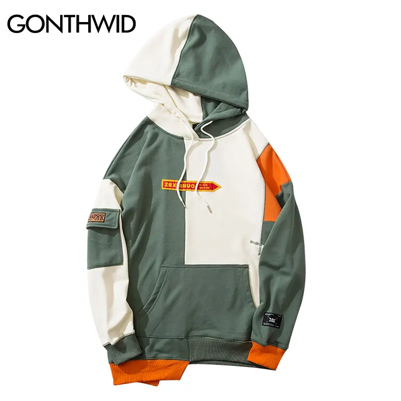 GONTHWID нерегулярный цветной блок лоскутное пуловер толстовки с капюшоном худи для