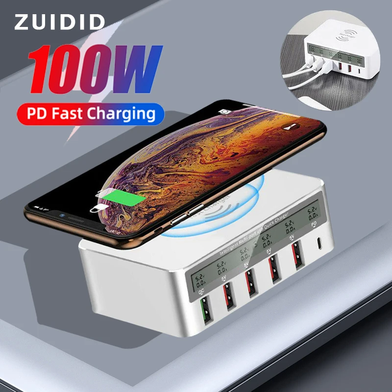 

100W USB Wireless Charger QC 3.0 PD Fast Charging Hub Phone Desktop 6 Port Quick Charge Station For iPhone 13 12 Pro Max Xiaomi
