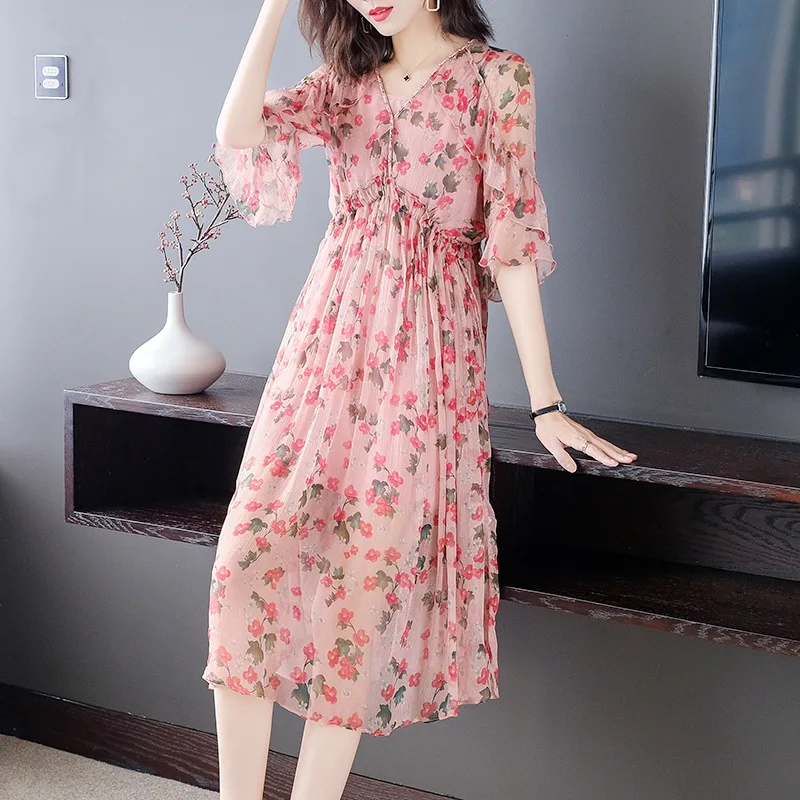 

Real Silk Summer AYUNSUE100% Floral Elegant Dress for Women Boho Butterfly Sleeves V- Neck Ruffle Vestidos 70297 Pph01