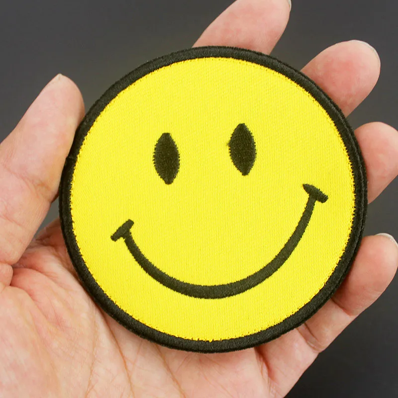 Yellow Size 8.0*8.0 cm Badges Round Smiley Patch 3D with Hook Loop Stickers Armband For Bags Clothing Decoration