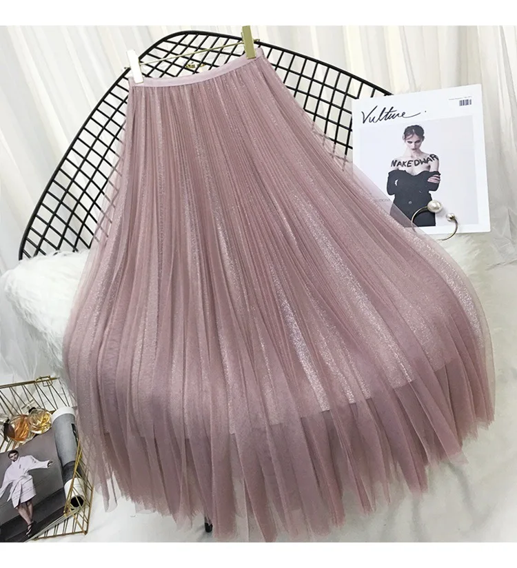 

Bright Solid Long Skirt Half-length Tulle Women Skirt Female Pleated Skirt Clothes High Waist Skirt Lace Plus Size Skirts Womens
