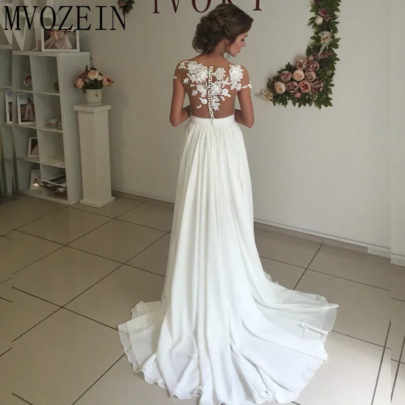 Boho White Wedding Dresses Chiffon A-Line Cap Sleeves Lace Bridal Gowns High Split Dress vestido de noiva | Свадьбы и торжества
