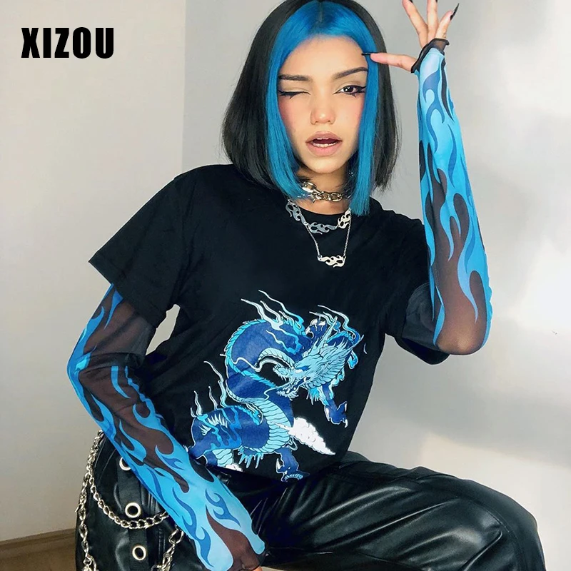 

Patchwork Mesh Long Sleeve Womens T-Shirts Punk Gothic Style Y2K Streetwear Dragon And Fire Print Kpop Top Tee Shirts
