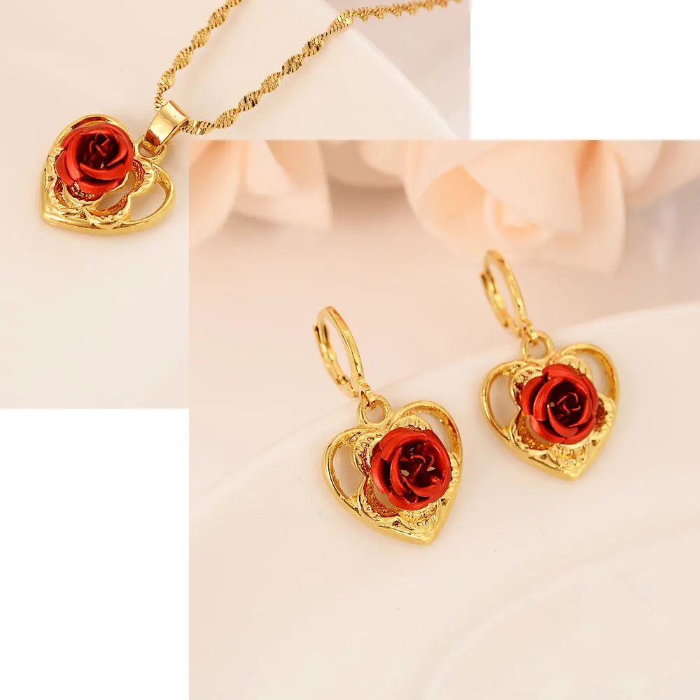 

Italian NEW Charm 9 k YELLOW FINE G/F GOLD Dangling PENDANTS EARRING WITH MAGNIFICENT RED ROSE FLOWER HEART DESIGN