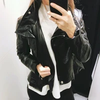 slim motorcycle artificial leather black jacket gothic zipper rivet outerwear pu overcoat new fashion 2021 women