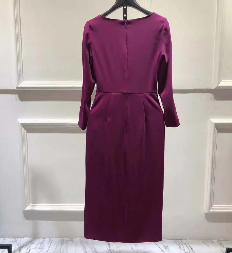

Female Dress 2020 Autumn Business Inspired Women Pleated Ruffle Style Butterfly Beading Deco Long Sleeve Midi Red Purple Dress
