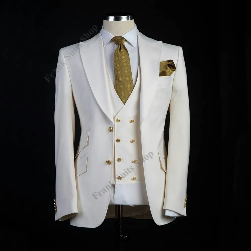 

Custom Made Ivory Groomsmen Groom Tuxedos Peaked Lapel Men Suits Wedding Best Man Blazer 3 Pieces Costume Homme