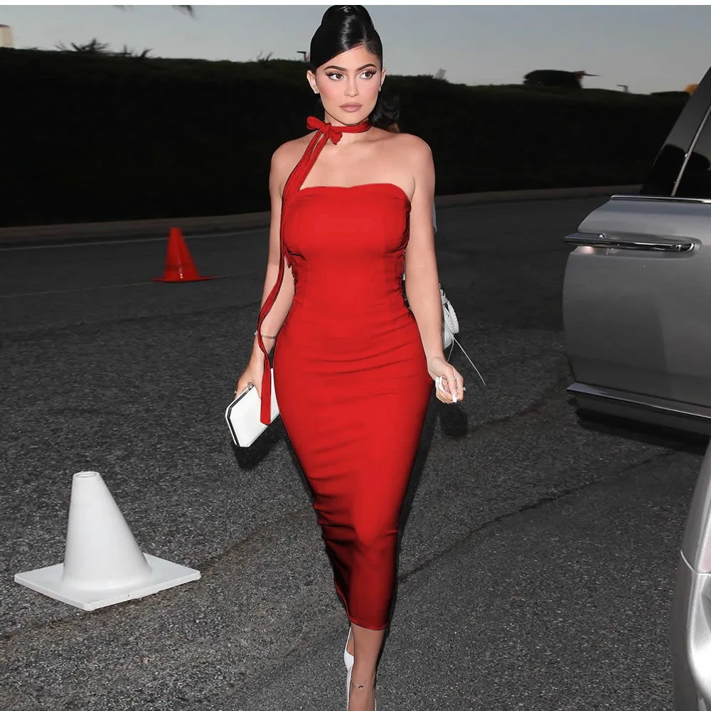 Женское длинное Бандажное платье-миди с открытой спиной и лямкой на шее | Женская