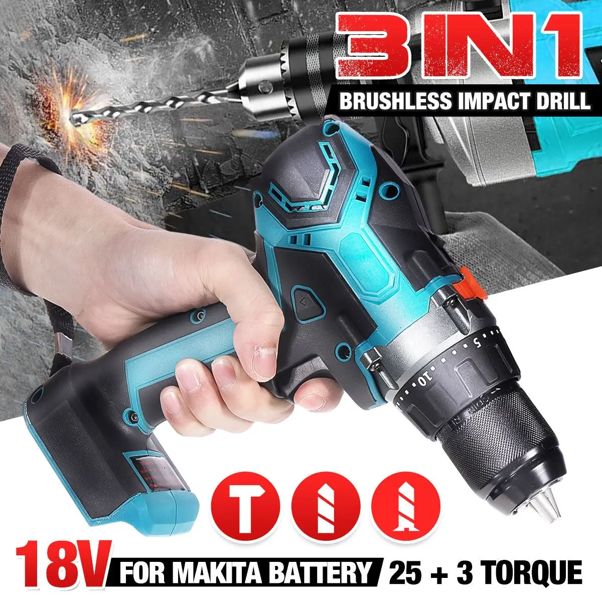 

18V 13mm 450Nm 3 in 1 Brushless Electric Drill Screwdriver 20+3 Torque Cordless Impact Drill DIY Power Tools for Makita Battery