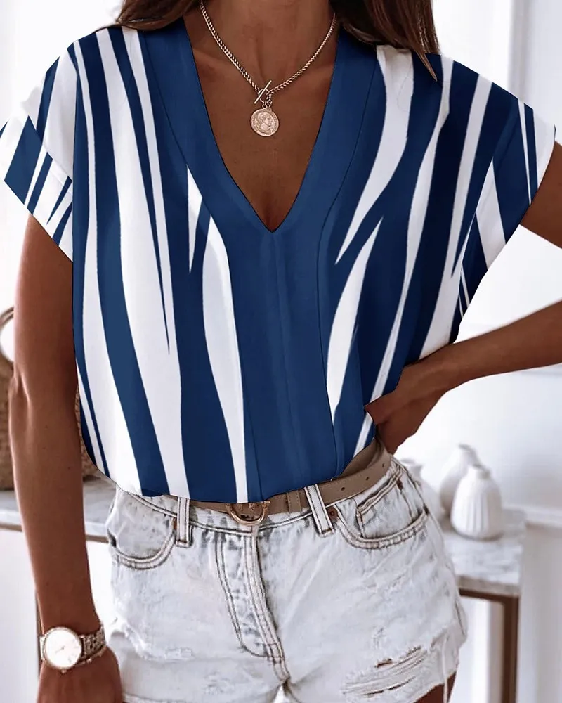 

Женская рубашка с V-образным вырезом, летняя Свободная белая блузка с геометрическим принтом, полосками, цепочками, бабочками и коротким рук...