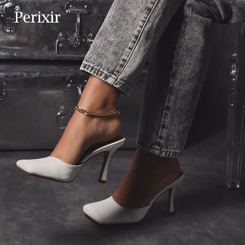 

Perixir Women's Square Toe Sandals Mid-Heel Slippers Pure Color Casual Casual All-Match 2021 Summer Classic New Sandals Slippers
