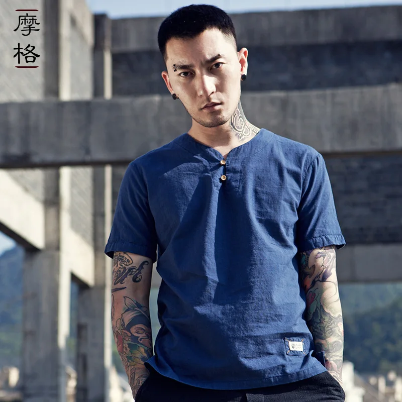 

2021 fashion linen t-shirts men short sleeve v-neck summer casual tees white blue beige Chinese style t-shirt for male 45