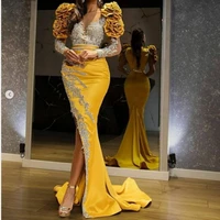 gold mermaid evening dresses long with crystas side split nigerian ruffles flower appliques prom dress long sleeves party gowns