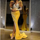 Золотистые вечерние платья с юбкой-годе, длинное с прозрачным разрезом сбоку, нигерийское платье с цветочной аппликацией и оборками для выпускного вечера, вечерние платья с длинным рукавом