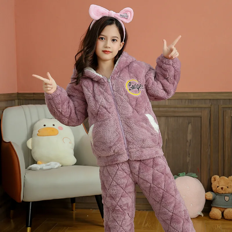 Pijamas Kawaii gruesos de felpa para padres e hijos, ropa de franela de manga larga para mantener el calor, bonitos dibujos animados, para el hogar y la familia, Invierno-3