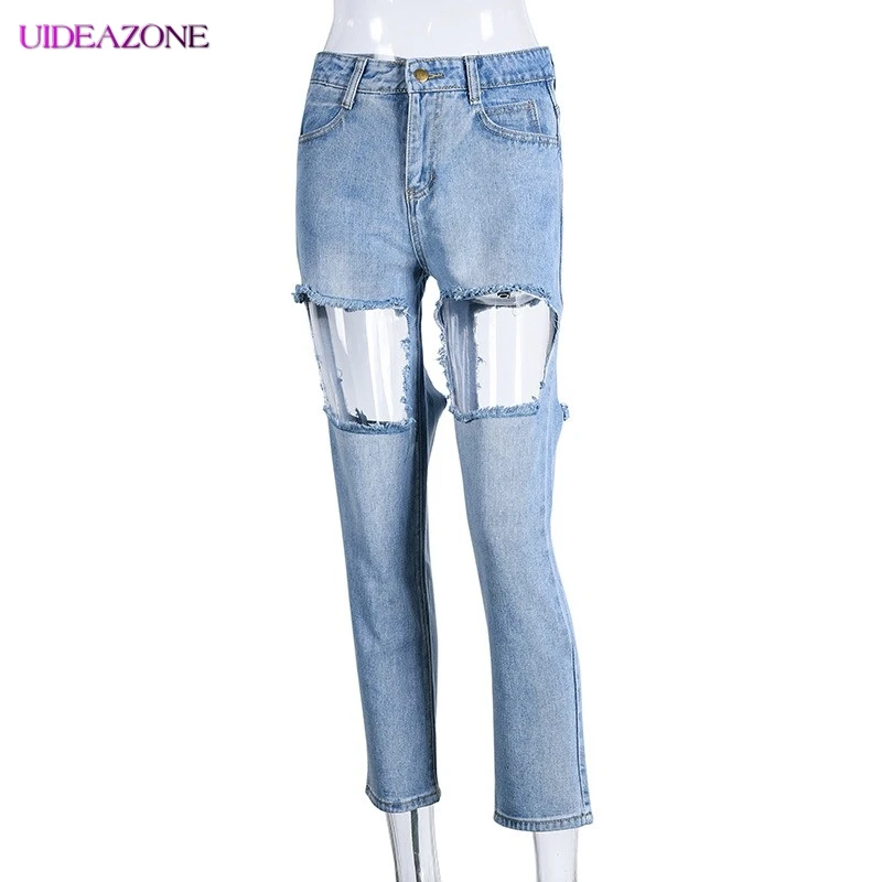 Женские джинсы с высокой талией UIDEAZONE однотонные свободные дырками и карманами