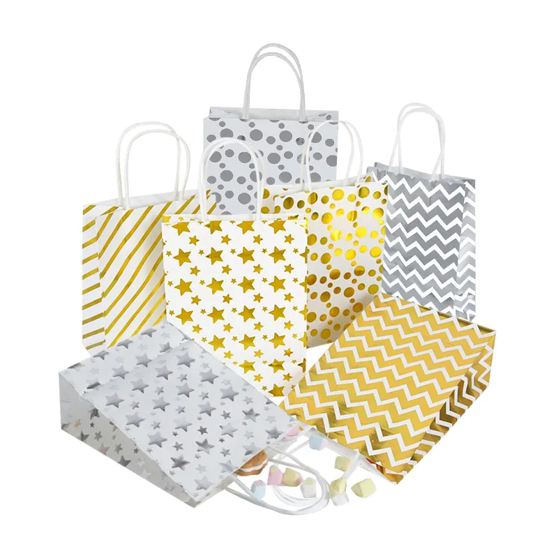 

5pc Gift Paper Bag Bronzing Chevron Striped Star Dot Candy Biscuit Packaging Handle Bag Birthday Wedding Party Portable Gift Bag