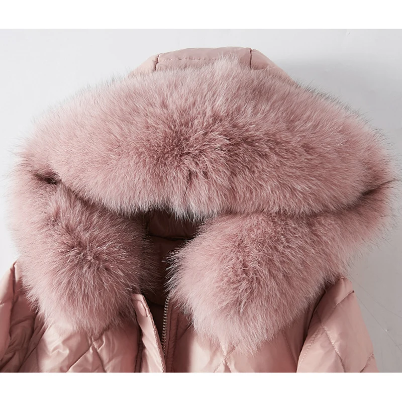 Женский зимний пуховик с капюшоном розовая длинная парка натуральным лисьим