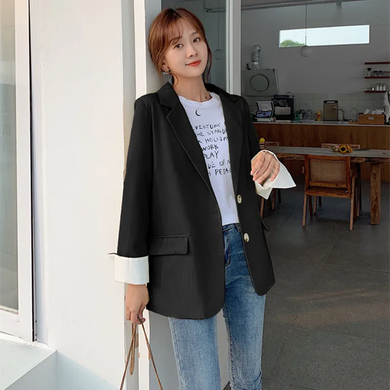 

Women Solid Elegant Blazers Female Tops Loose Single-Breasted Suit Office Lady Casual Jacket Outwear Coat Pocket Blazer