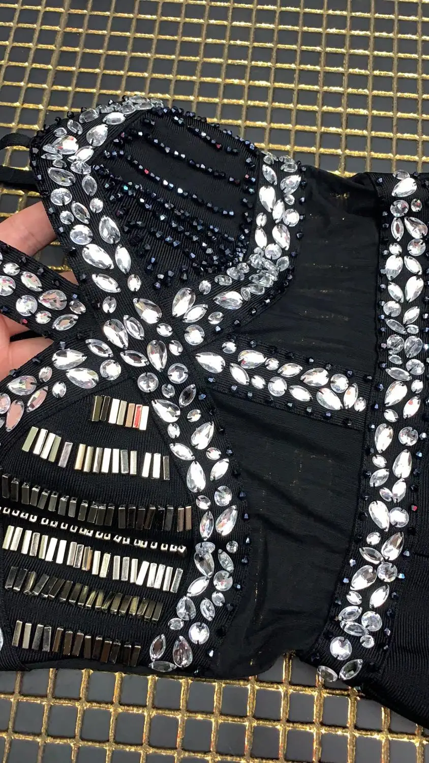 

Elegant high quality sexy women 2019 black Beading O neck sleeveless bodycon bandage jumpsuits